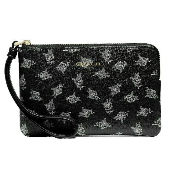 New Coach F39229 Corner Zip Wristlet Floral Print Black Multi - Picture 1 of 2